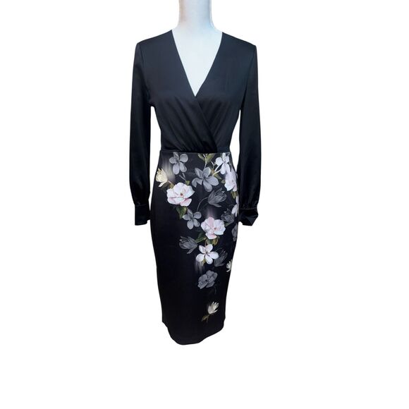 Ted Baker London Black Floral Wrap Sheath Dress size 1 - Picture 2 of 16